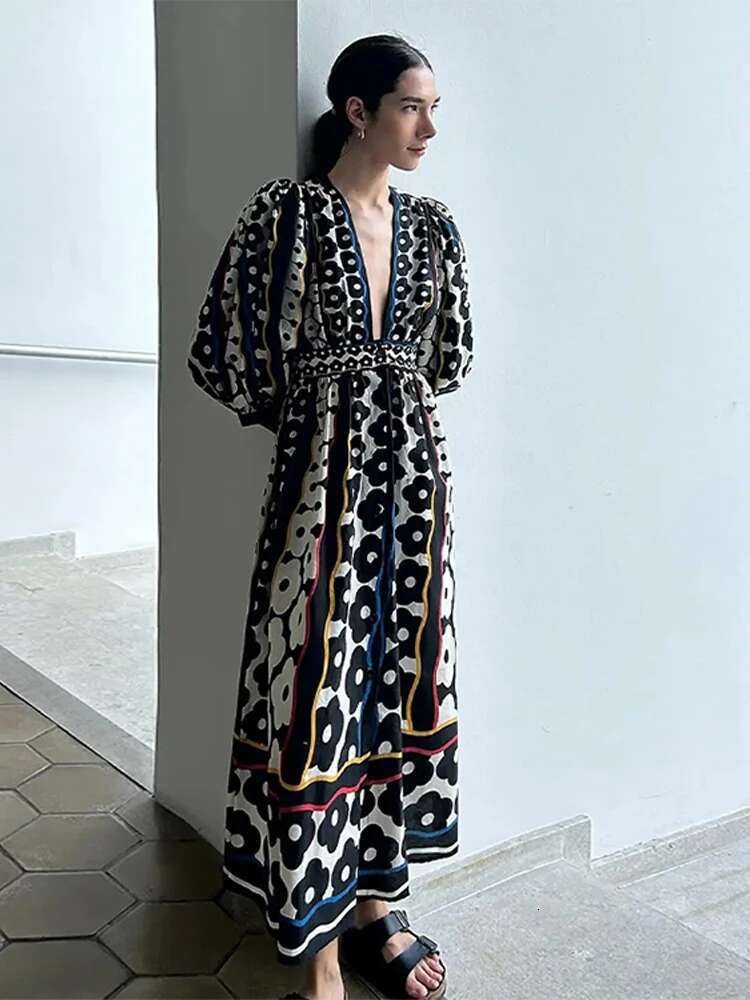 Printed Deep V-Neck Dresses Women Elegant Long Puff Sleeve Vintage Maxi Dress Spring Lady High Waist A E Loose Robes