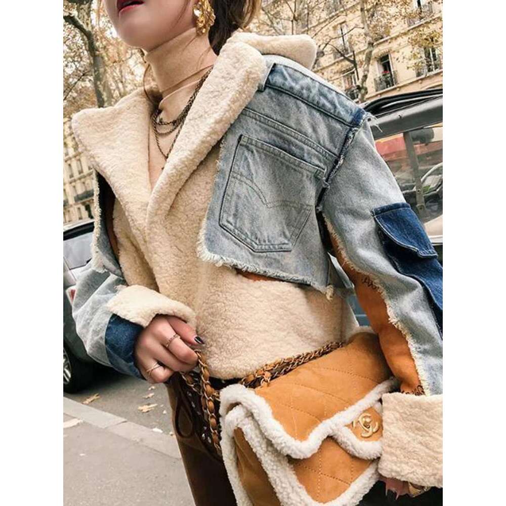 Denim Jacket, Women's , Plush, Personalized Lamb Wool Lapel, Thickened Top, Heavy Work Ing