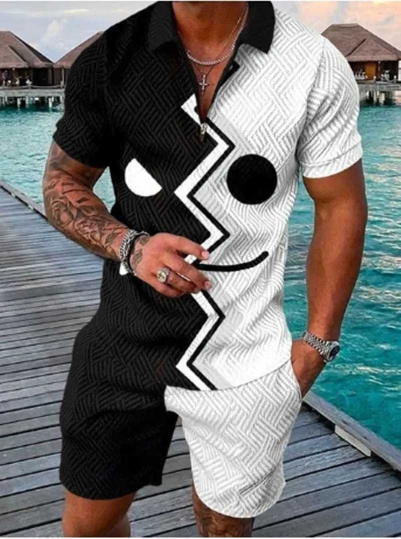 Summer New Mens 3D Printing Short Sleeve Zipper Polo Shirt Shorts Set Men Casual 2-piece Vacation Beach SetXJ250218