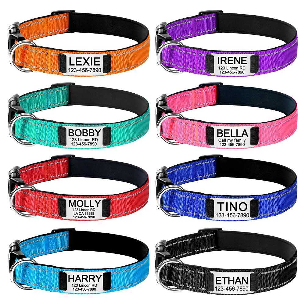 Adjustable Reflective Dog Collar Nylon Custom Name ID Tag Personized Luminous Puppy Gleamy Large Unisex Dog Collar W250219