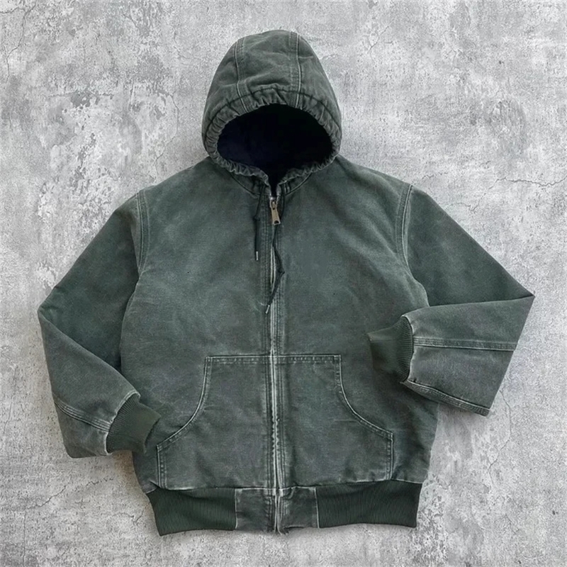 Linen Green Mens Zipper Hoodie Harajuku Windproof Resistant American Retro Hip-hop Washed Loose Hoodie Y2K Workwear Hoodie Punk 250214
