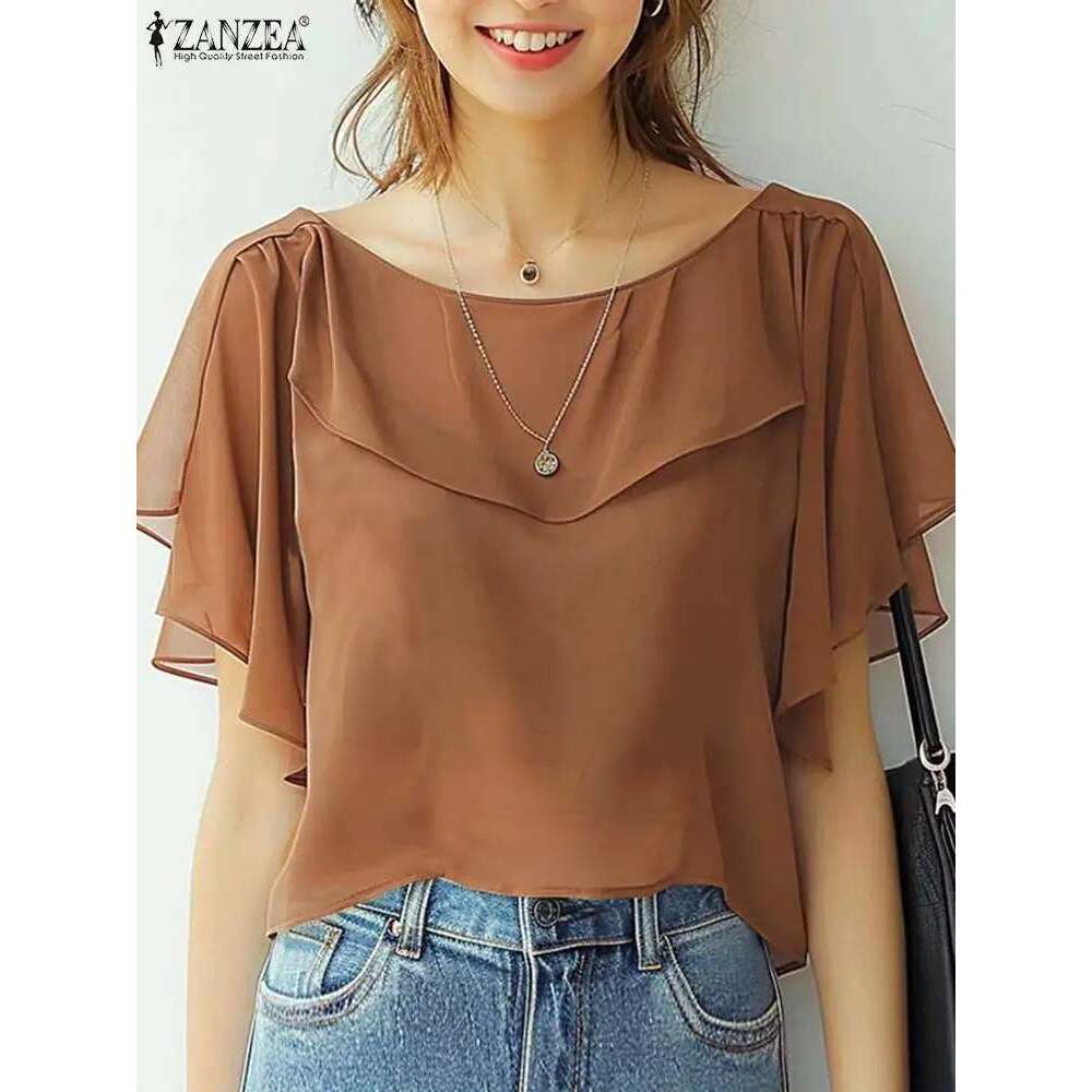 ZANZEA Summer Women Chiffon Blouse Elegant Short Sleeve Tops Shirt 2024 Korean Fashion Casual Tunic Chic Ruffle Hem Blusa