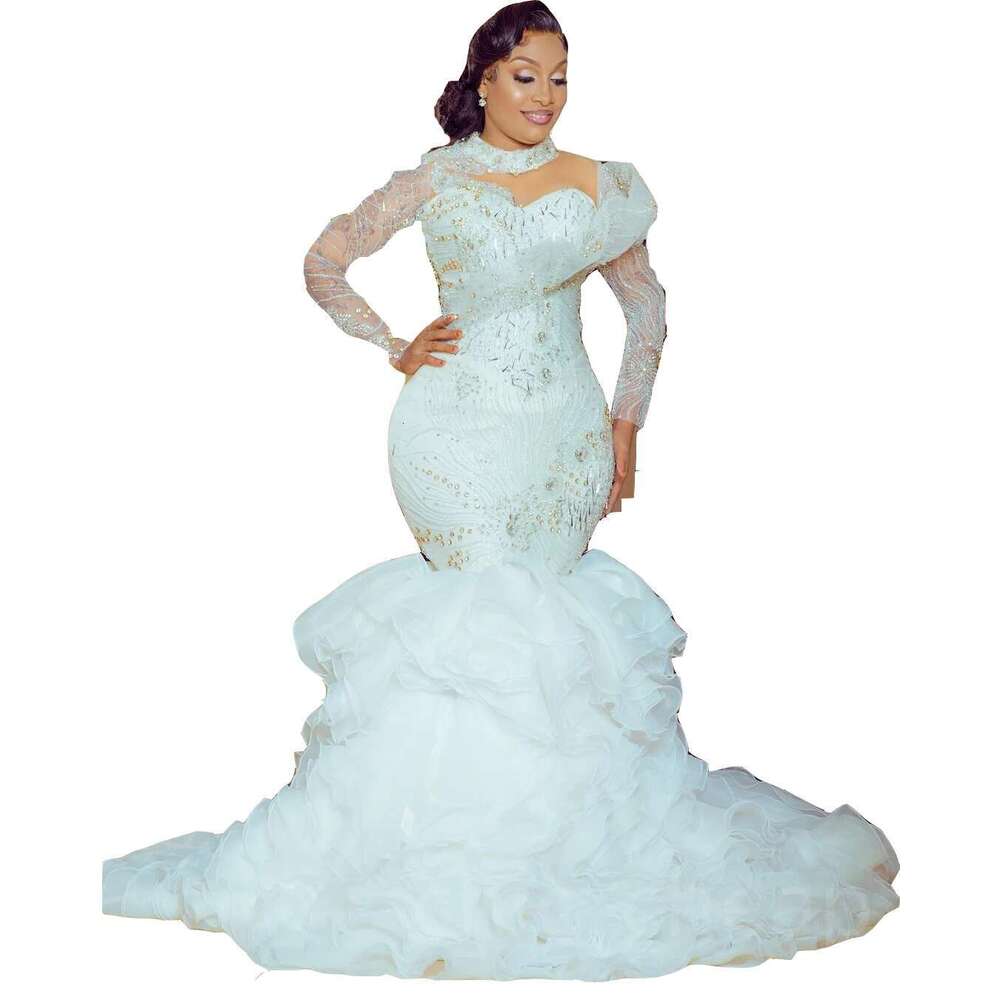 Shinny High Neck Appliques Beads Wedding Gown for Bride 2023 Vestido De Novia Long Sleeves Multi-Layered Ruffles Bridal Dresses