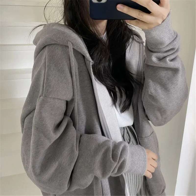 Lucyever Gray Zip Up Hoodie Coat Women Streetwear Haruku Oversized Hood Jacket Female Autumn Retro Solid Color Sweatshirts