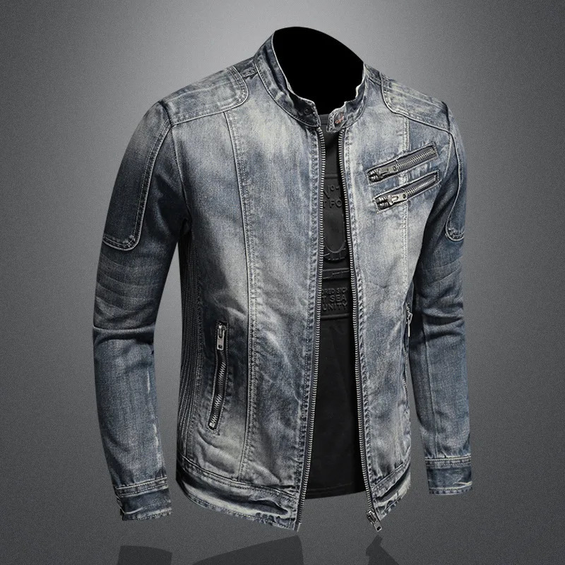 Vintage Plussize Denim Jackets Men Casual Stand Collar Moto Biker Outerwear Coats Mens Fashion Zippers Motorcycle Streetwear 250214