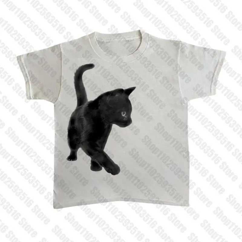 Aesthetic Short Sleeve T-Shirt Y2k Clothes Gothic Emo Girl Croped Tops Fun Kitten Print Vintage Women Casual Baby Tee StreetwearT250218