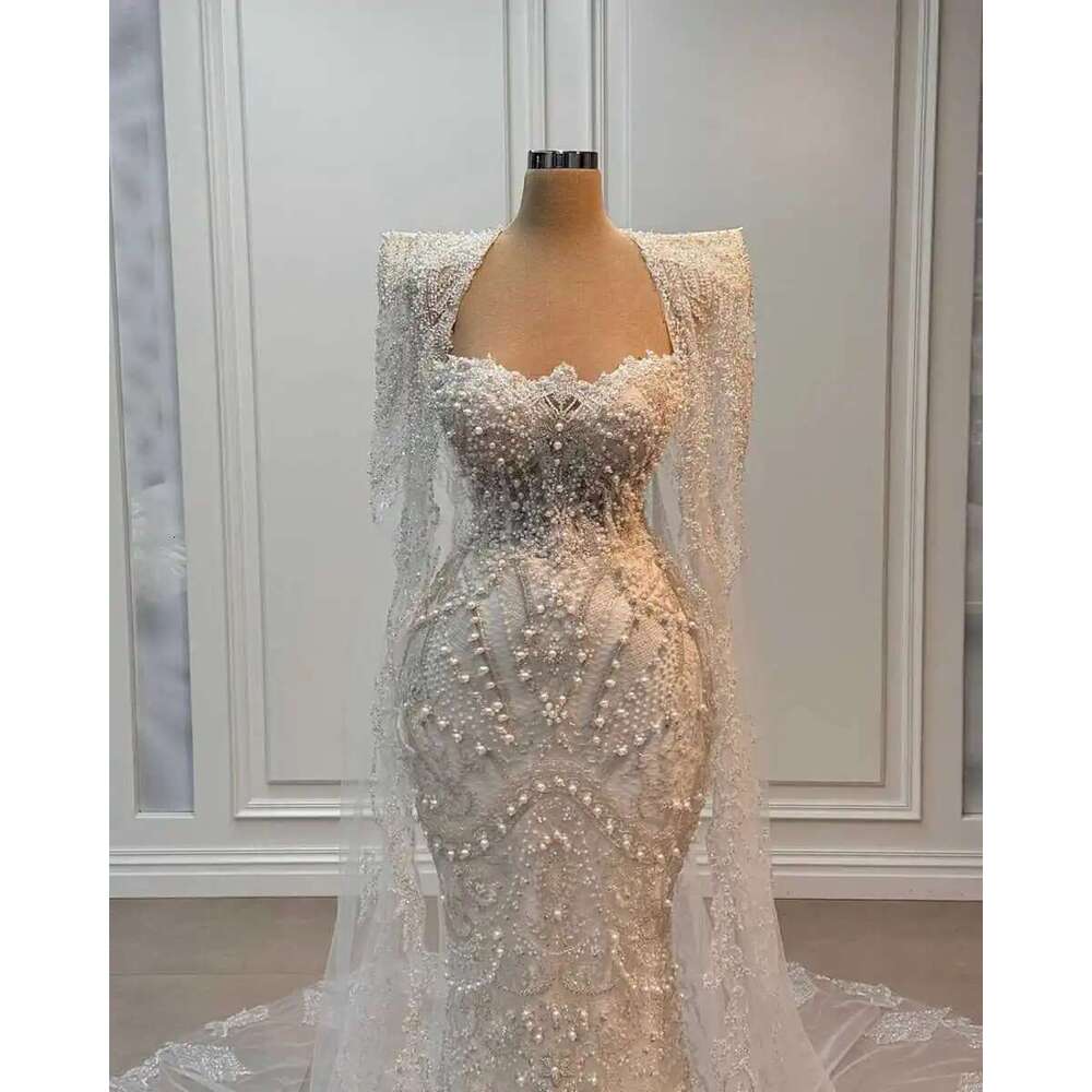 Wedding Dresses Pearls Sequins Bride Gowns with Cape Beaded Long Sleeves Custom Made Mermaid Bridal Robes