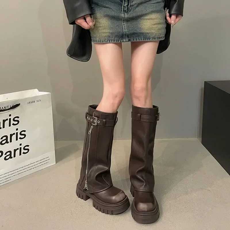 Winter Women Biker Boots Fashion Belt Ladies Elegant Platform Long Pipe Booties Casual Womens Knee High Booties Z250704