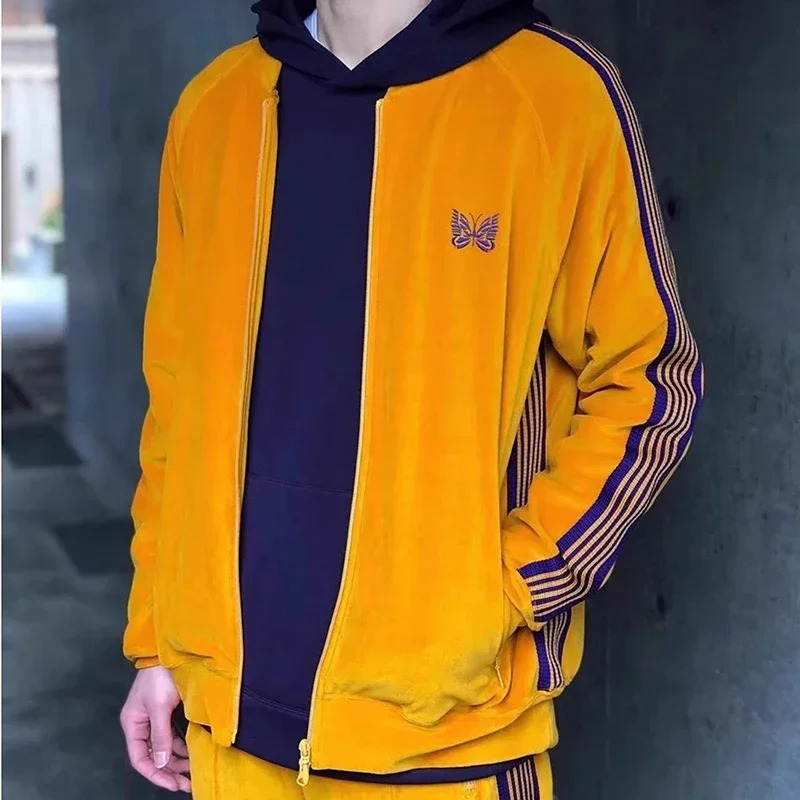 Gray Velvet Track Zipper Jacket Men Women Quality Loose All Seasons Striped Coat Jackets 250214
