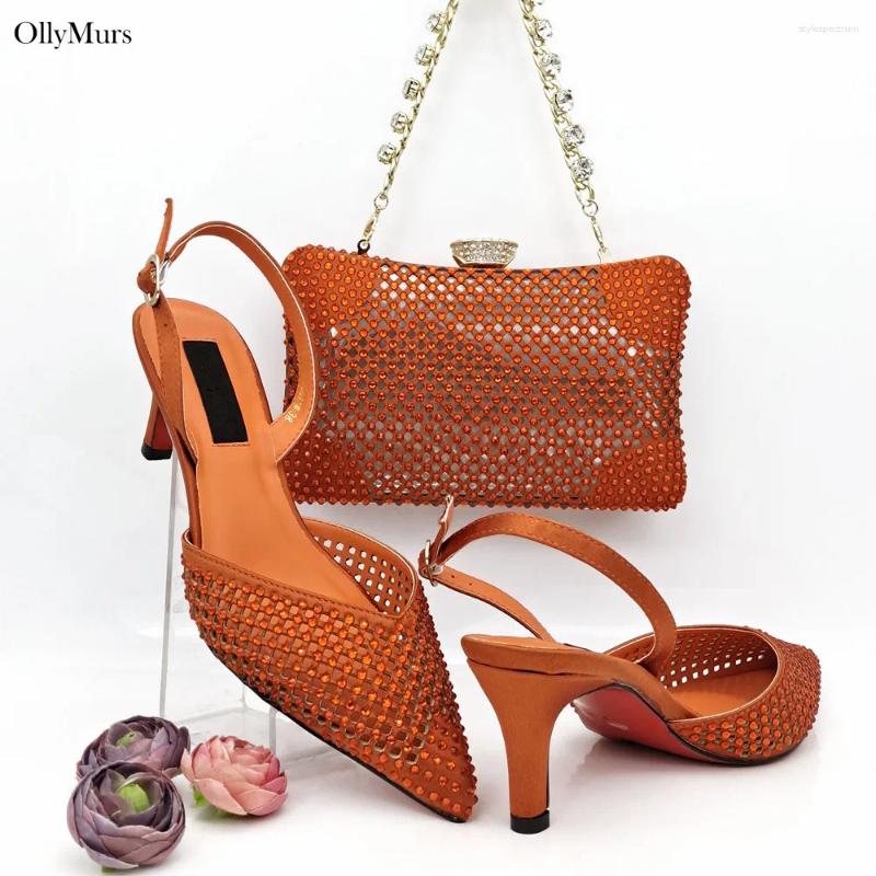 Orange Stone-Embellished Italian Dress Shoes & Bag Set For Weddings - PU Leather New Hot High Heels