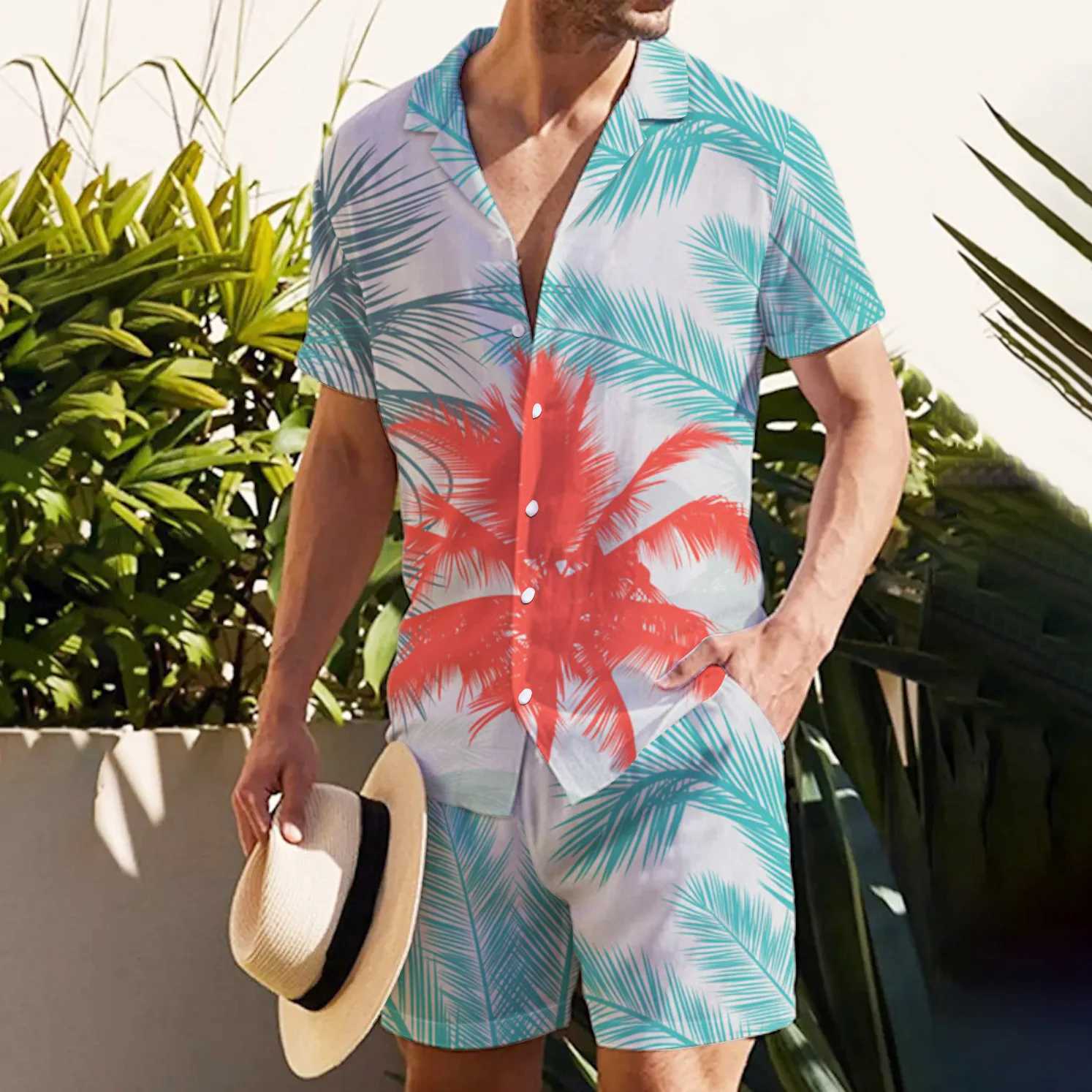Summer Palm Leaves 3D Print Men Shirt Sets Fashion Short Sleeve Shirt Oversized Beach Shorts Streetwear Hawaiian Suits ClothesXJ250218