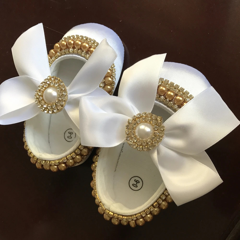 Dollbling Princess Girl Off-white Pearls Ordinal Rhinestone Comfortable Soft Cotton Inner Hook and Loop Toddler Crib Shoes 250219