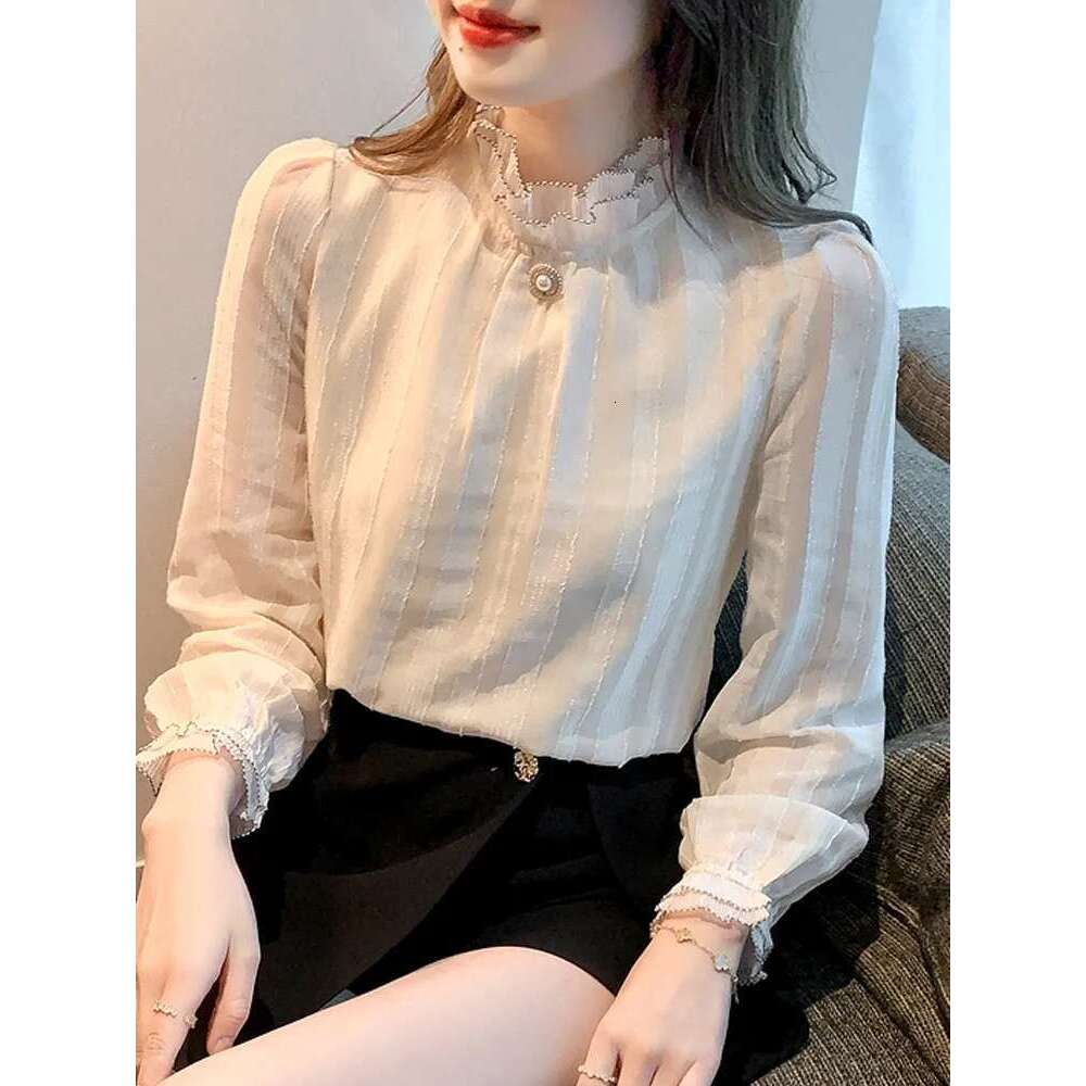 Long Sleeve Blusas Mujer De Moda 2024 Apricot Chiffon Blouse Shirt Tops Women Blouses Camisas Blusa Feminina F515