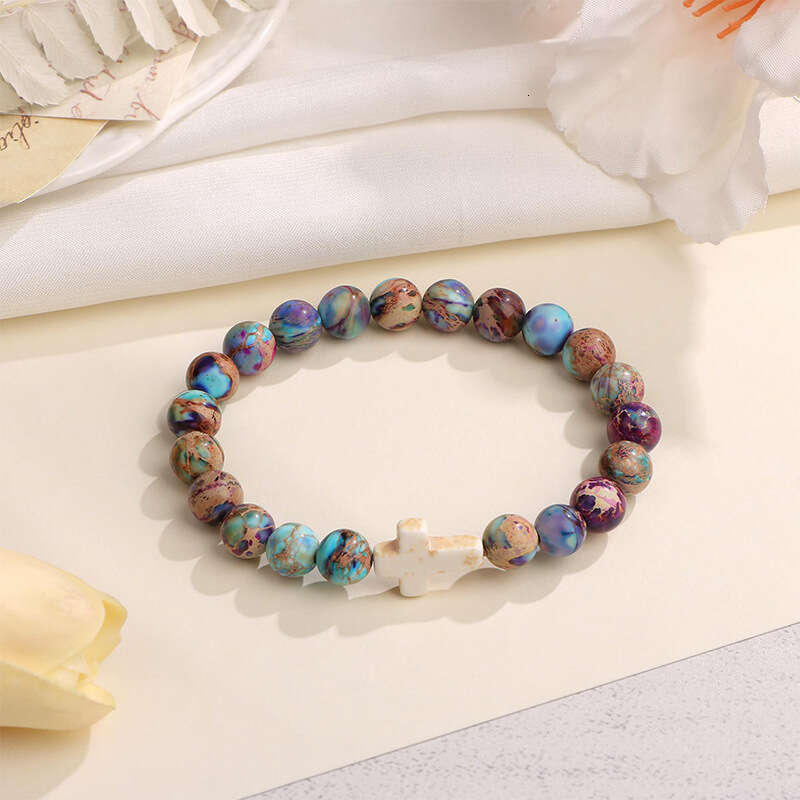 Natural Stone Cross Pink Zebra Elastic Bead Men's and Women's Gift Card Bracelet