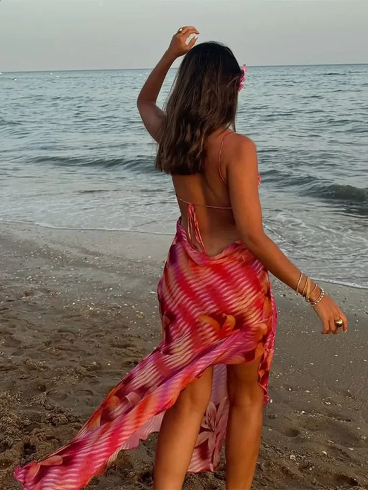 Chic Flower Printed V Neck Beach Dress For Women Fashion Sleeveless Backless Ruffles Midi Dresses 2025 Summer Lady Holiday Robes 250218