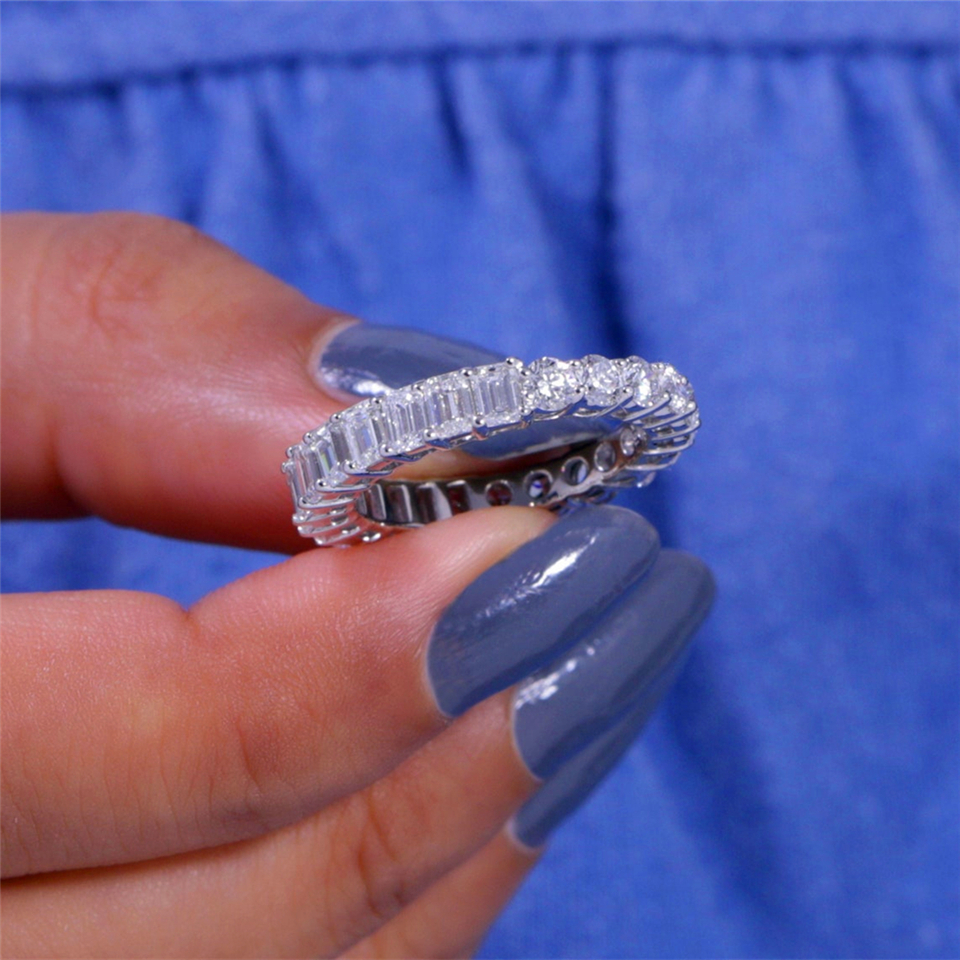 Jewelry18K Solid White Gold Full Eternity Band Lab Grown Diamond Band Half 3.0mm Round Half 4*3mm Emerald Stackable Band HPHT CVD Real Gold Women Wedd
