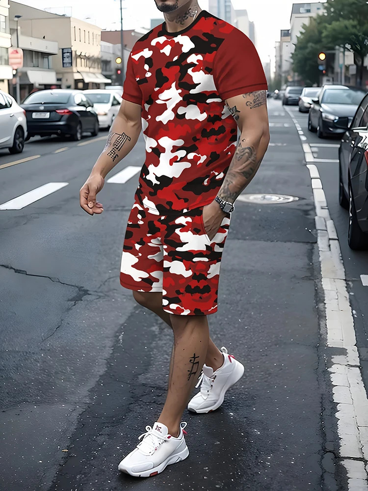 Summer Street Fashion Mens T-shirt And Shorts Set 3D Camouflage Print Mens Short-sleeved Top Outdoor Sports Mens Shorts 250218