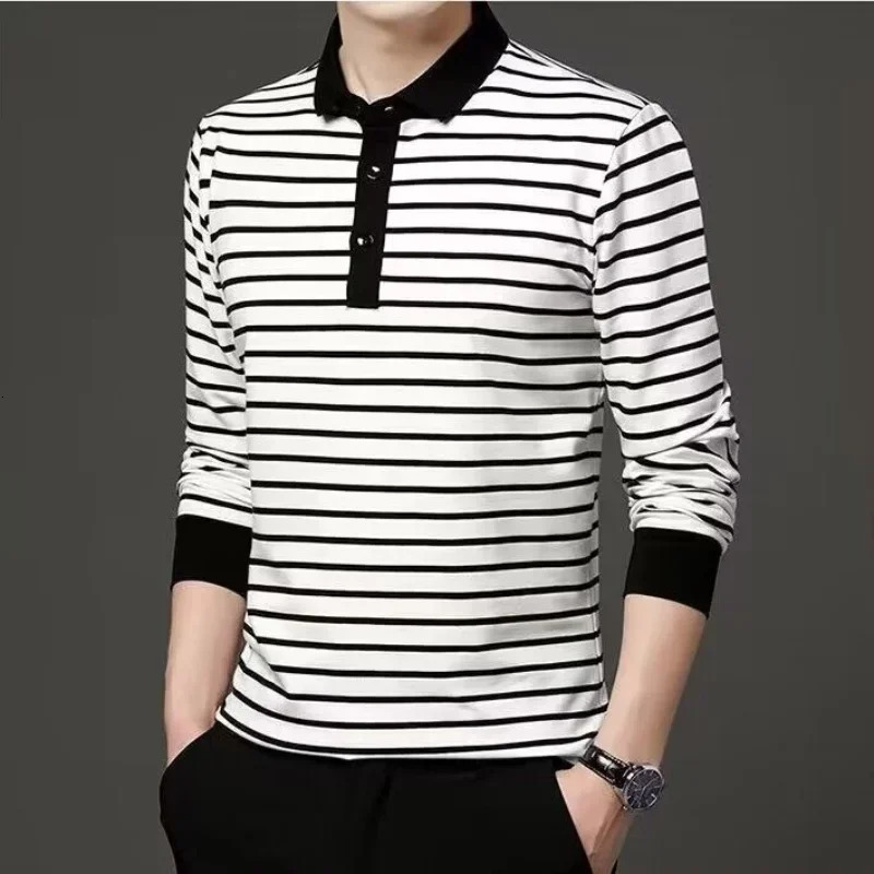 Spring and Autumn Mens Long Sleeve Tshirt with Polo Collar Black White Stripes Top Youth Casual Male Comfortable Shirt 250219