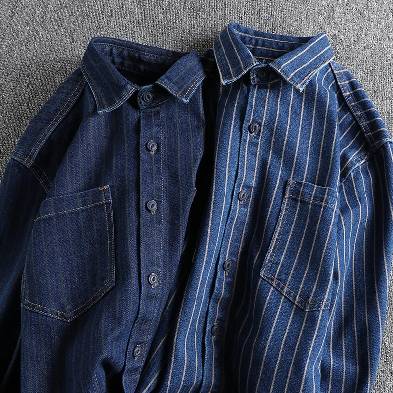 European and n retro yarn-dyed striped jeans shirt men wash khaki fashion youth loose casual thin coat 250214