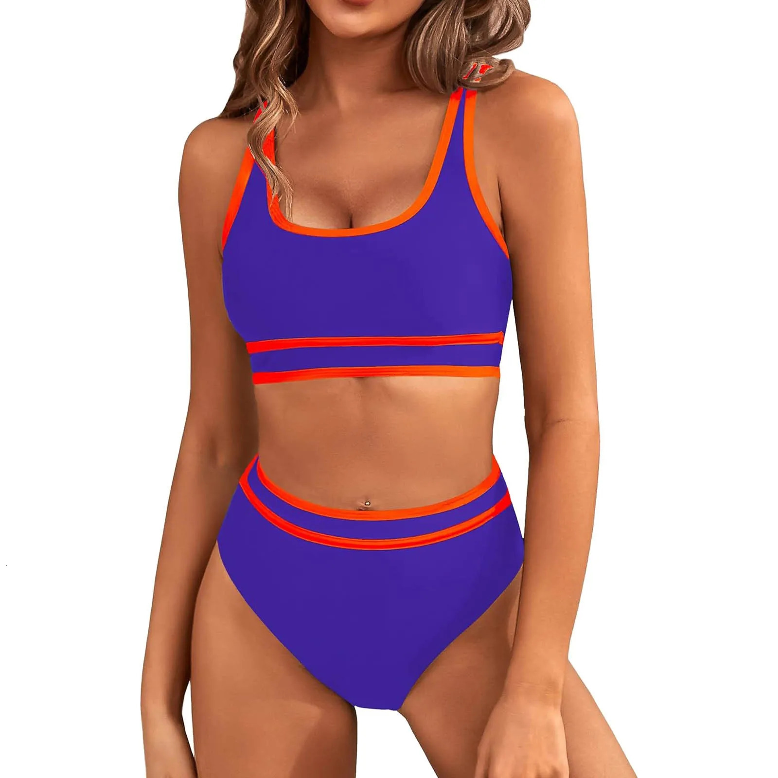 Womens High Waisted Bikini Sets Two Piece Sporty Swimsuit Solid Color White Edge n Tops For Women Bathing Suit 250219