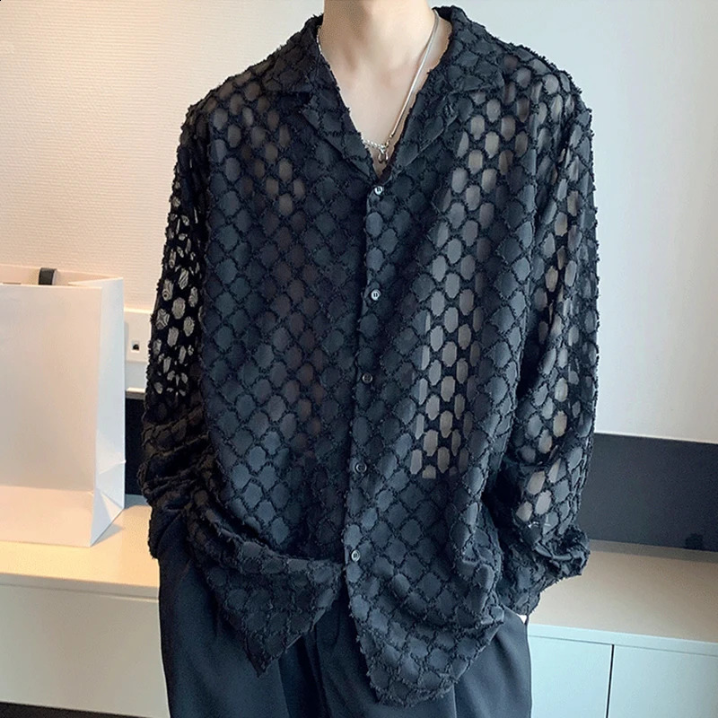Autumn Mens Clothing Light Korean Dress Shirts Button-down Long Sleeve Solid Color Retro Hollow Out Leisure 250214