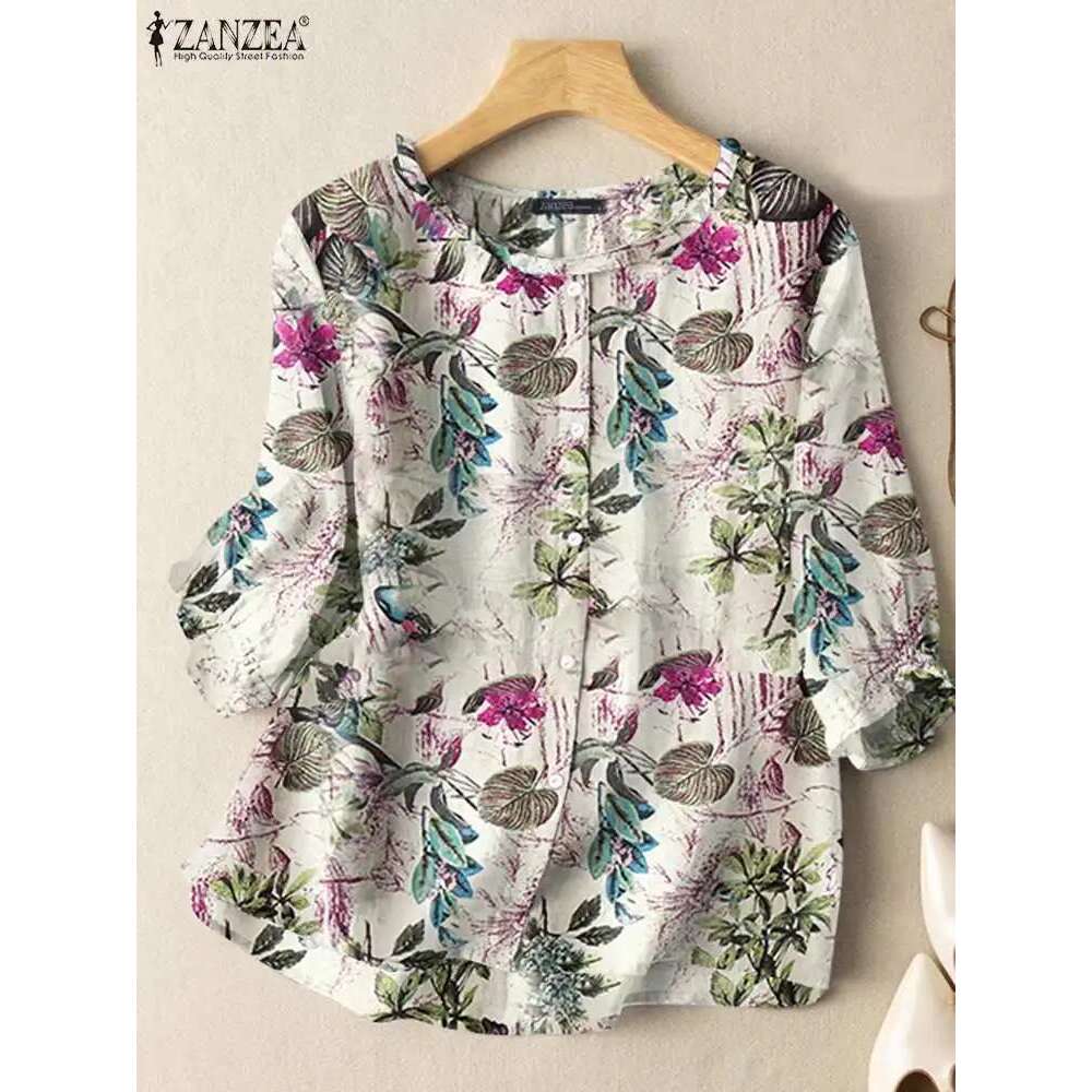 ZANZEA Fashion Sunnmer Top For Women Vintage Ral Printed Blouse Holiday Shirt 3/4 Sleeve Tunic Elegant Work OL Blusas Chemise
