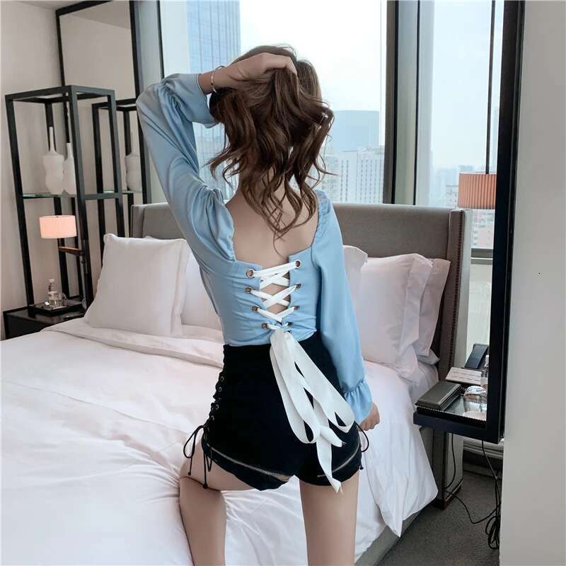 Women's Sexy Slim Bandage Long Shirt Blouses Slash Neck Autumn Puff Sleeve