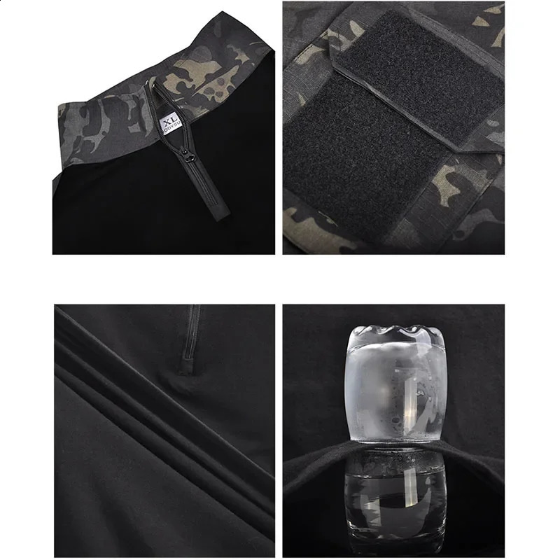 Summer Black Camo Training Set Mens Half Zip Combat Tops Waterproof Tactical Suit Elastic Multiple Pockets Quick Drying 3-pcs 250218