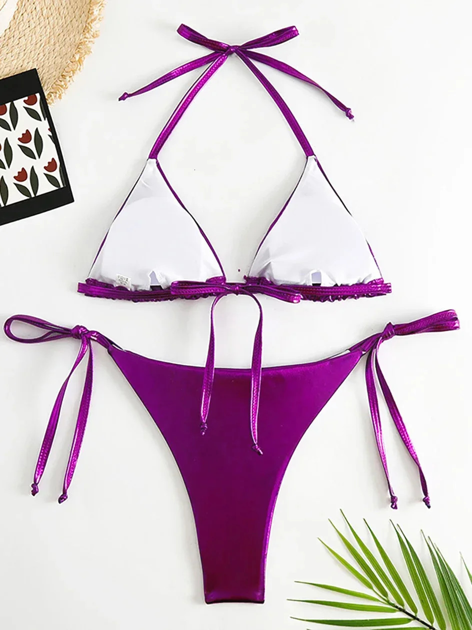 Sexy Metallic Halter Bikini Sets Lace Up Triangle Tie Side 2024 Swimsuit Women Swimwear Brazilian Female Bathing Suits 250219