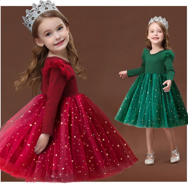 Red/Green Christmas Dress for Girls Winter Sequin Ruffle Long Sleeve Princess Dresses Birthday Party Costume for Kids 3-8 Years 250219