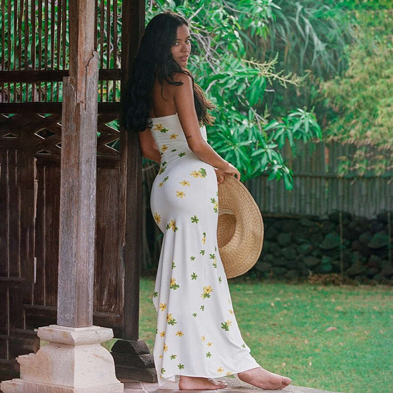 European and American Instagram vacation style sexy wrap chest slim fit wer print slit long dress 2025 new casual fashion trend clothing