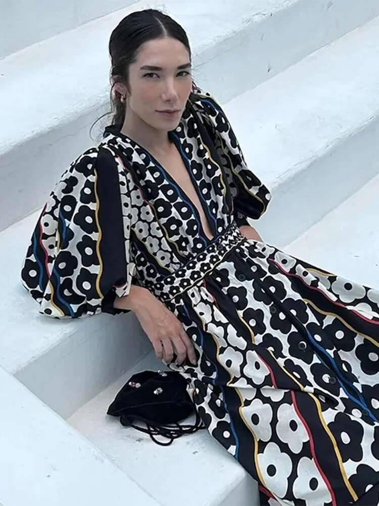Printed Deep V-Neck Dresses Women Elegant Long Puff Sleeve Vintage Maxi Dress Spring Lady High Waist A E Loose Robes