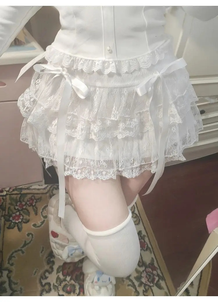 Y2k Lace Sweet Girl Korea Summer Skirts Women Clothes White MIni Skirt High waist Loose Grunge Kawaii Cute Aline Fluffy 250213