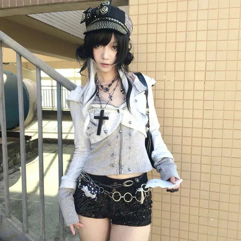 Karrram Japanese Y2k Fake Two-piece Knitted Tops Trashy 2000s Hooded Jacket Vintage Haruku Knitwear Grunge Aesthetics American