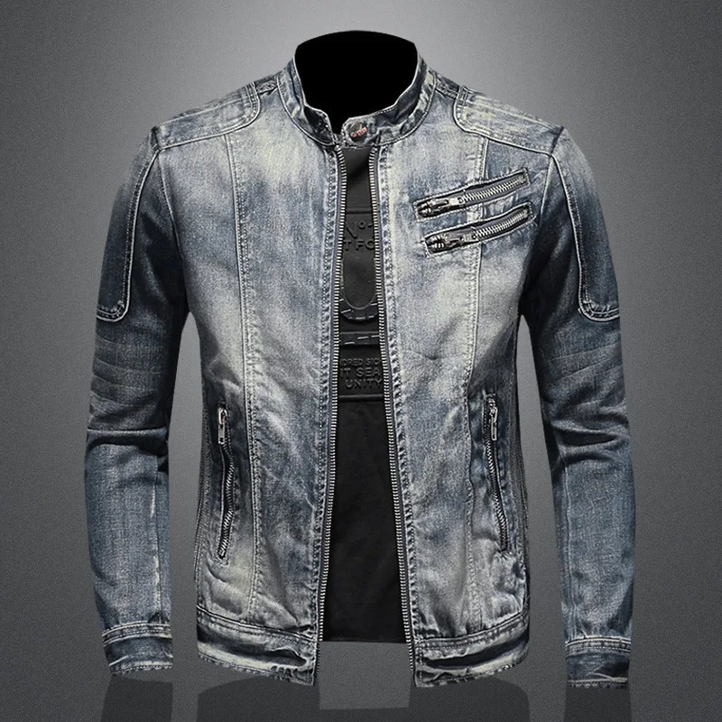 Vintage Plussize Denim Jackets Men Casual Stand Collar Moto Biker Outerwear Coats Mens Fashion Zippers Motorcycle Streetwear 250214