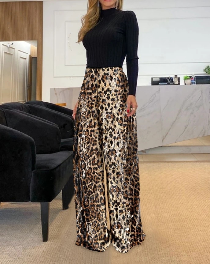 Selling Fashion Leopard Print High Waist Full Version Sequins Casual Women In Stock Wide Leg Pants 250218