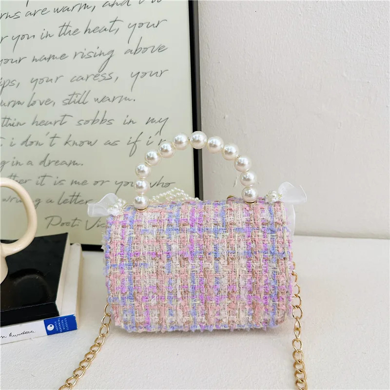 handbags mini purse Lattice girls bag wool bags for childrens pink girls purses and Pearl Handheld shoulder bag 250219