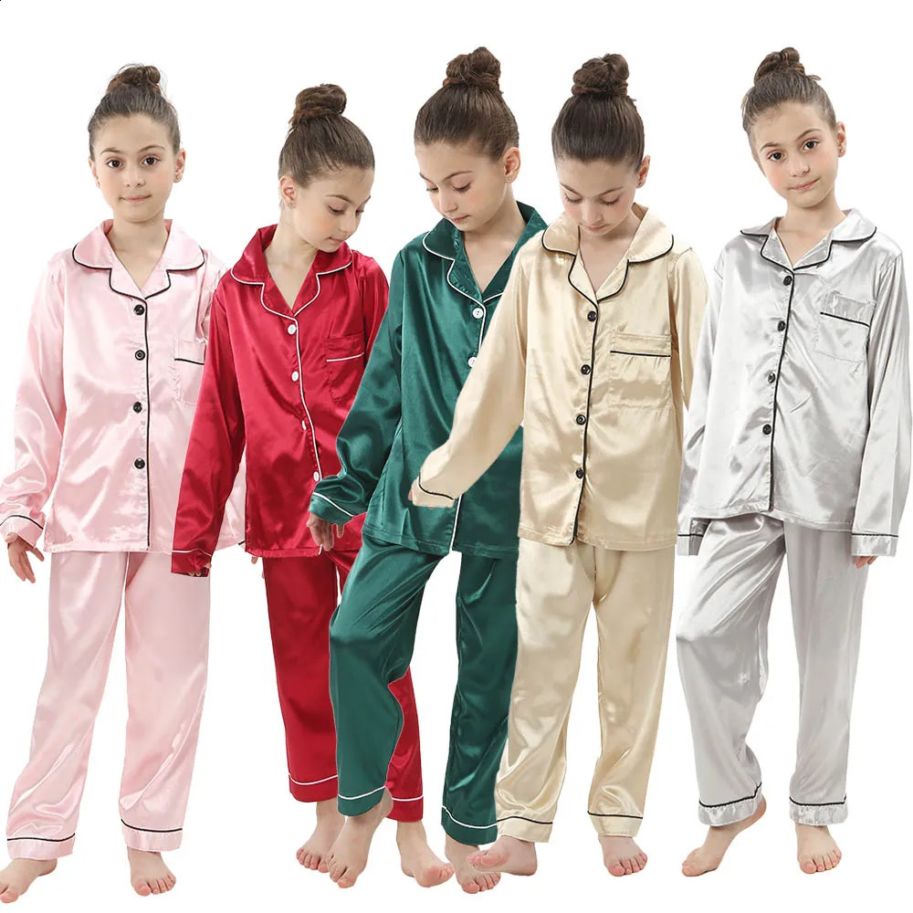 Candy Color Girls Satin Silk Pajamas Sets Kids Clothes Button Down Childrens Sleepwear Boys Pyjamas Nightwear Teenager Pjs 250218