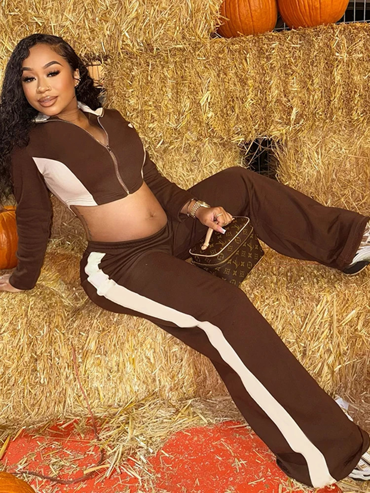 kliou Panelled Patchwork Women 2 Piece Set Fall Casual Lapel Full Sleeve Skinny Zip-up TopsOversized Straight Pants Basic Suits 250218