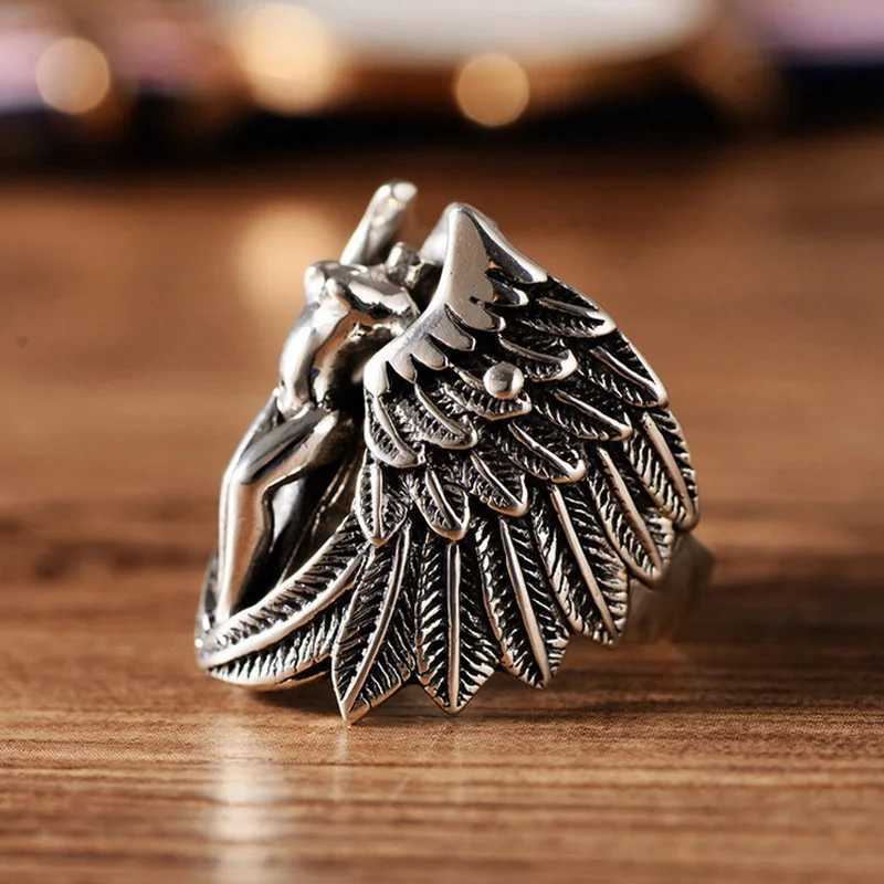 Retro Cross Angel Wings Ring For Men Silver Color Punk Gothic Open Ring Handmade Rock Hiphop Unisex Jewelry Accessories Man GiftXJ250219