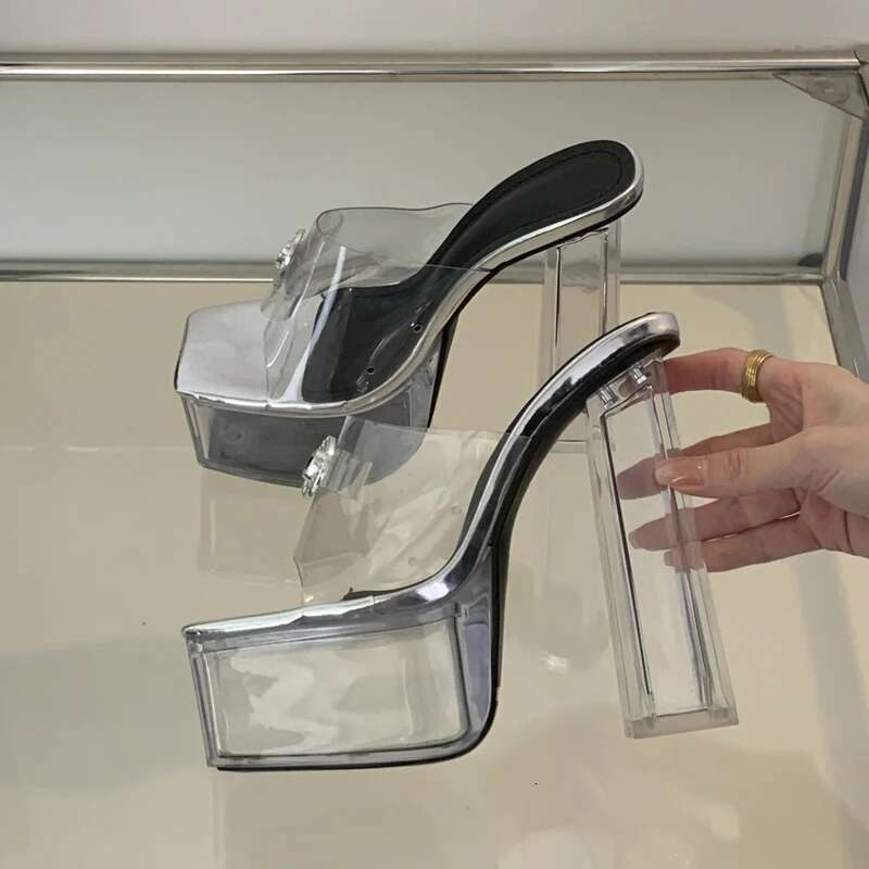 Summer Fashion Sier CRYSTAL PVC Transparent Platform Slippers Women Open Toe Square Heel Sandals Dance Ladies Shoes