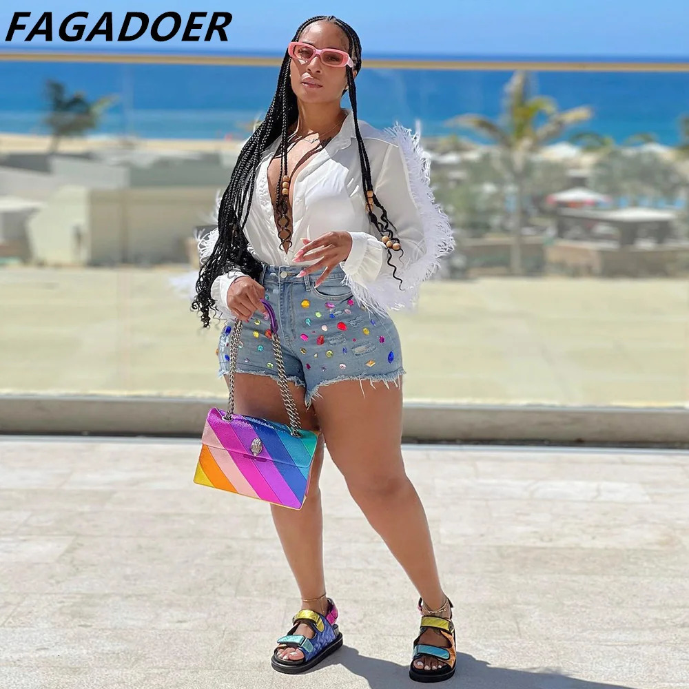 FAGADOER Fashion Colored Diamonds Tassels Denim Shorts Women High Waisted Pocket Slim Jean Casual Female Matching Bottoms 250217