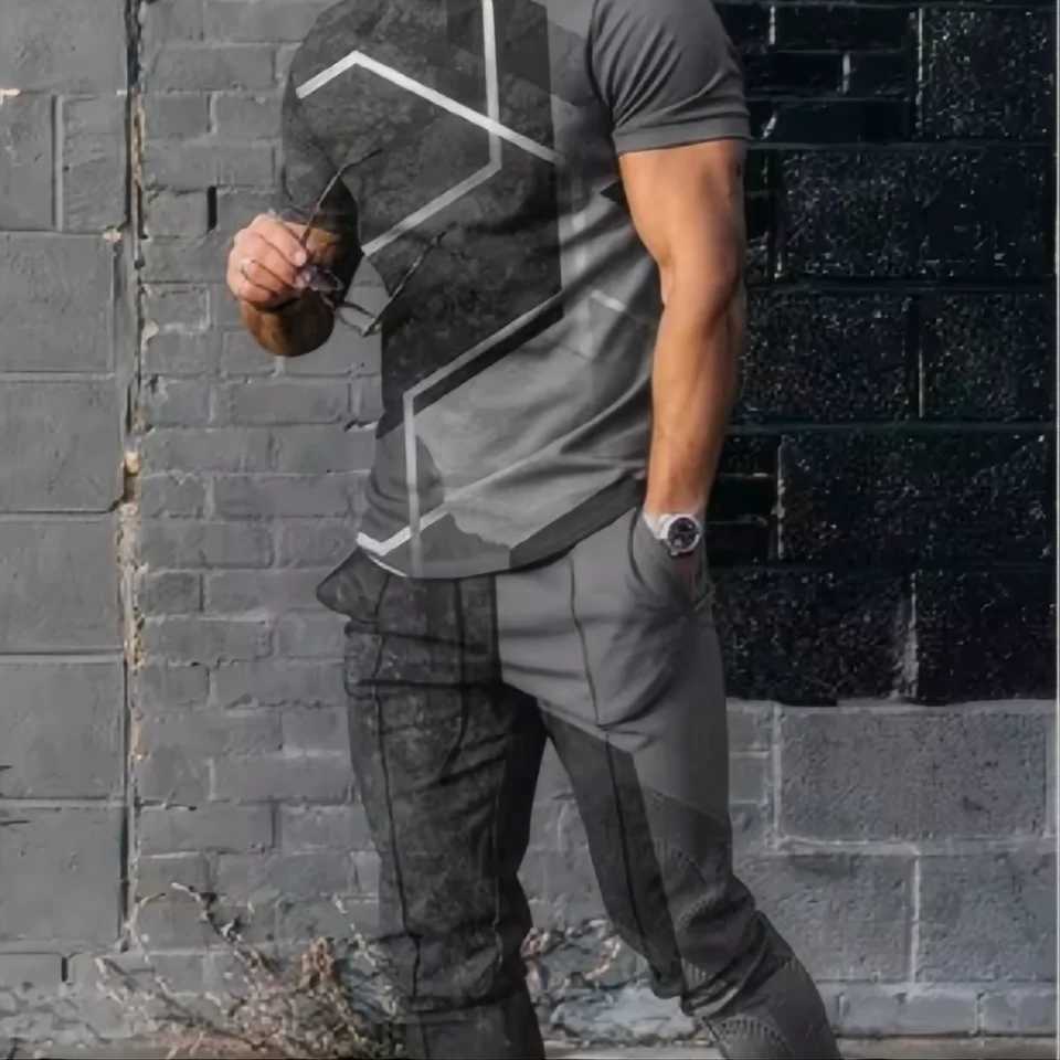 Summer mens T-shirt and pants sportswear abstract gradient 3D printed T-shirt and pants set 2-piece streetwear oversizedXJ250326