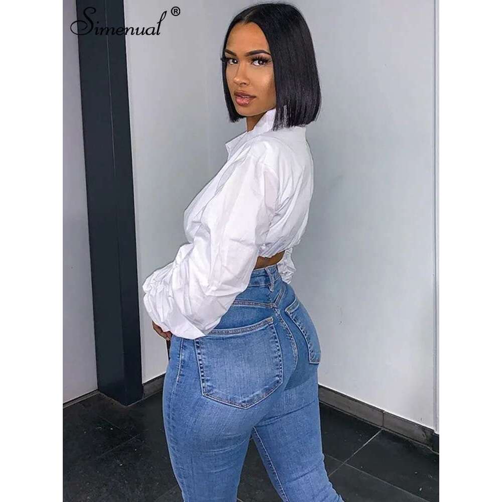 Simenual Button Ruched White Puff Sleeve Blouse Shirts Women Long Sleeved Fashion Fall 2021 Clothing Crop Blouses Solid Baddie