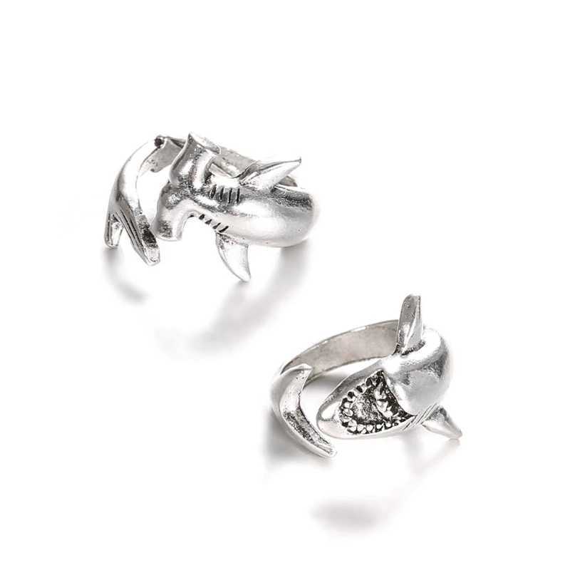 Q0KE 2x Punk Style Shark Rings White Shark Hammerhead Shark Rings Adjustable Opening Metal Ring Jewelry Decor for Women MenXJ250219