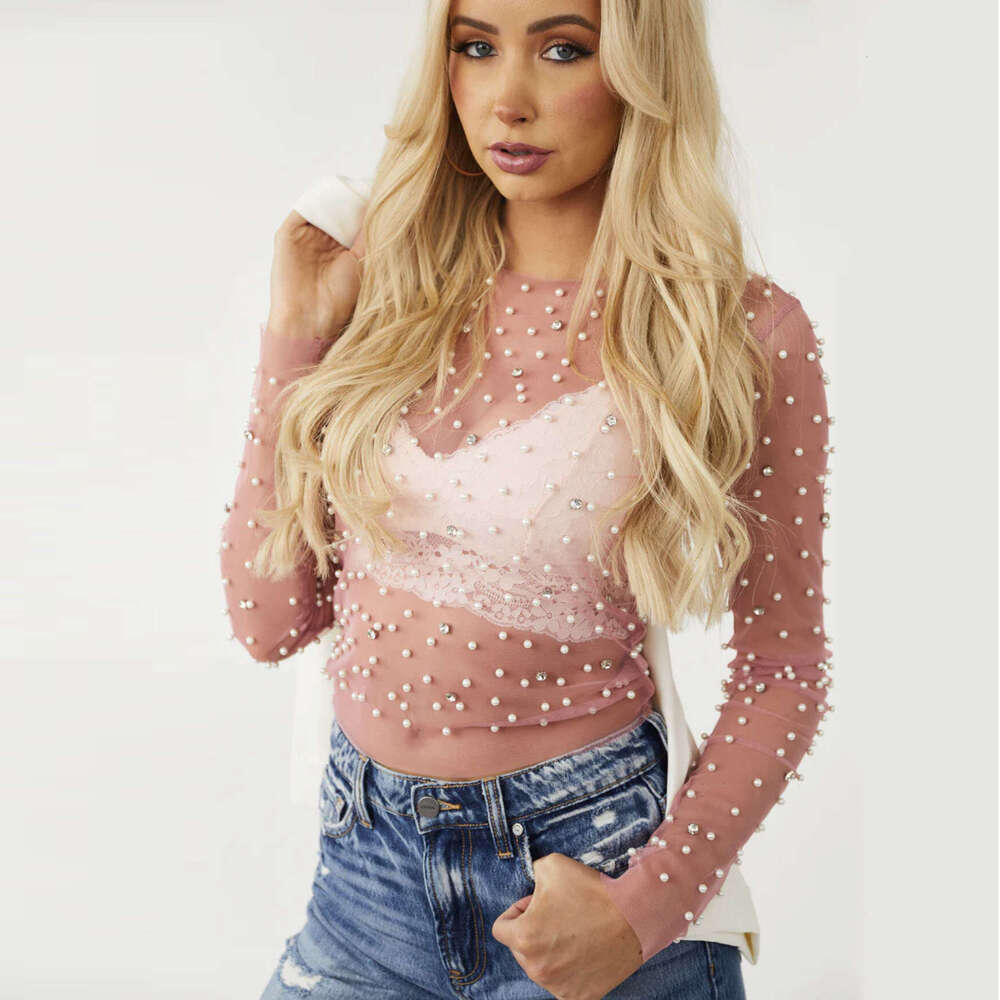 Spring/Summer Hot selg Bubble Bead Dia Perspective Mesh Top Women's 2025 New Casual Fashion Trendy Clothing