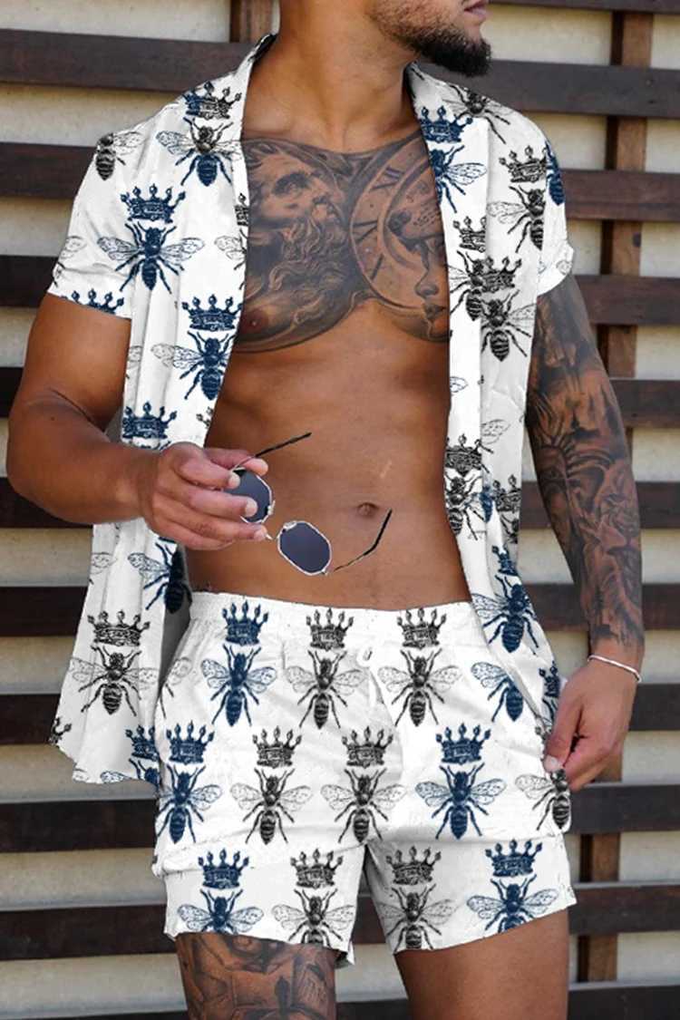 Fashionable Hawaiian printed mens 2-piece set luxurious 3D printed holiday set short sleeved casual beach shirt 2-piece mensXJ250218