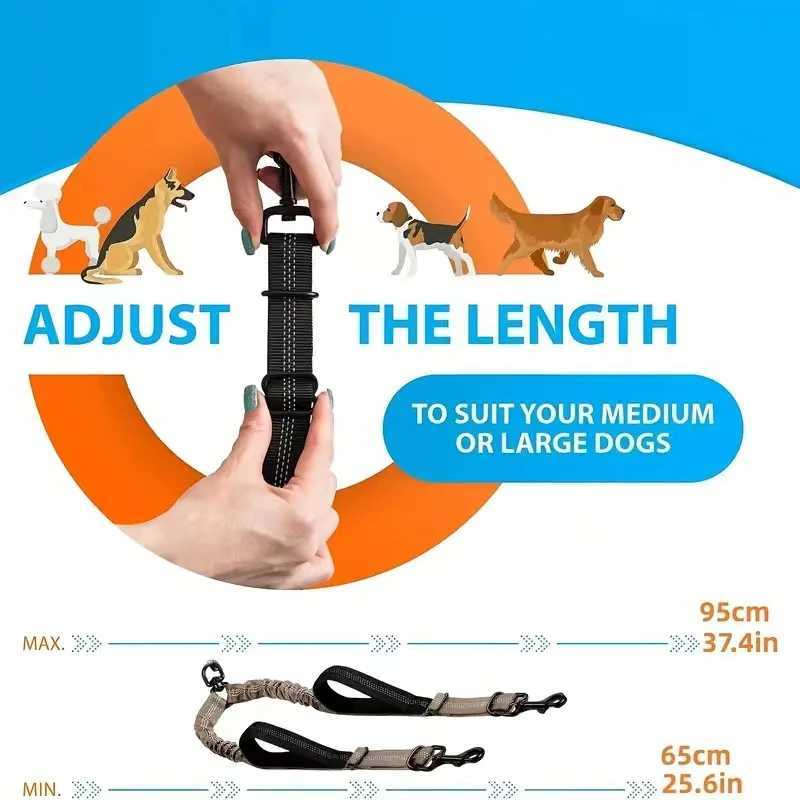 Dual Dog Leash Coupler - Comfort Padded Handles No-Tangle No-Pull Bungee Leash - 360 Swivel Reflective Shock Absorbing - PeXJ250218