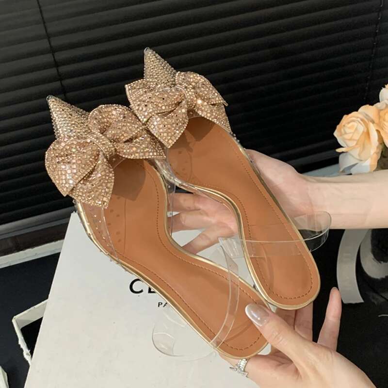 Crystal Bowknot PVC Transparent Women Pumps Champagne Sier Pointed Toe Low Heels Sandals Prom Party Shoes