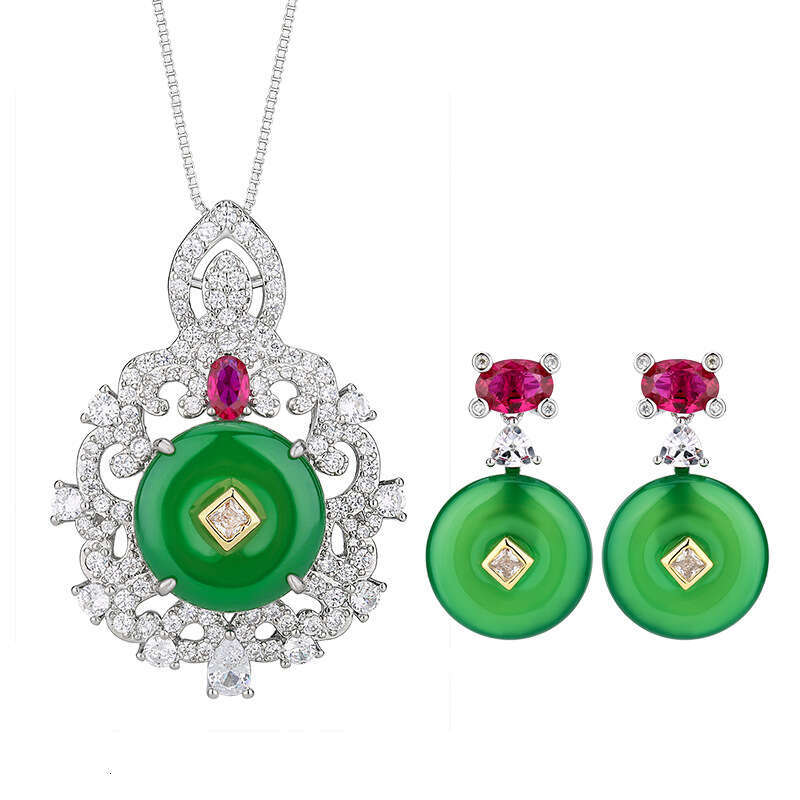 New Emperor Necklace Earring Set Jewelry Imitation Natural Green Jade Essence Charm Earrings Inlaid with Agate Safety Buckle for Women